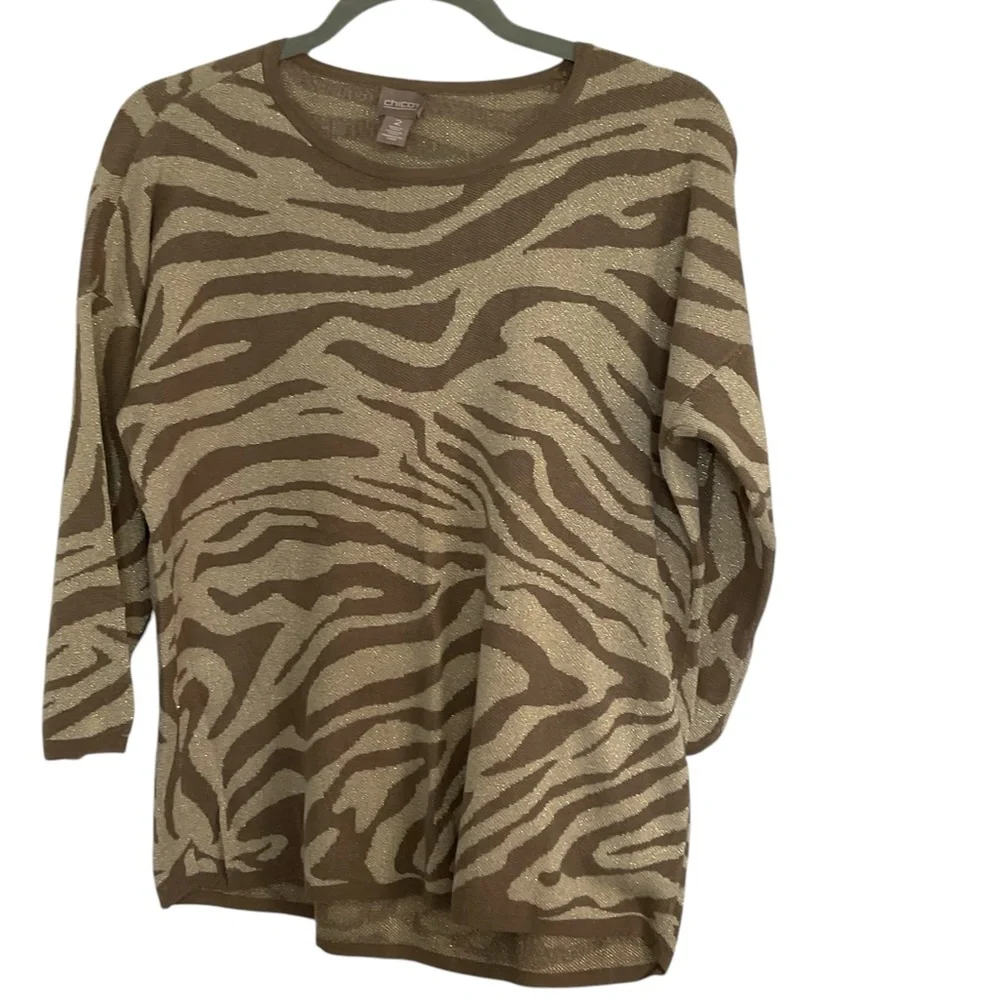 Chico's Tan and Brown Zebra Print Gold Metallic Accent Crewneck Sweater Size M